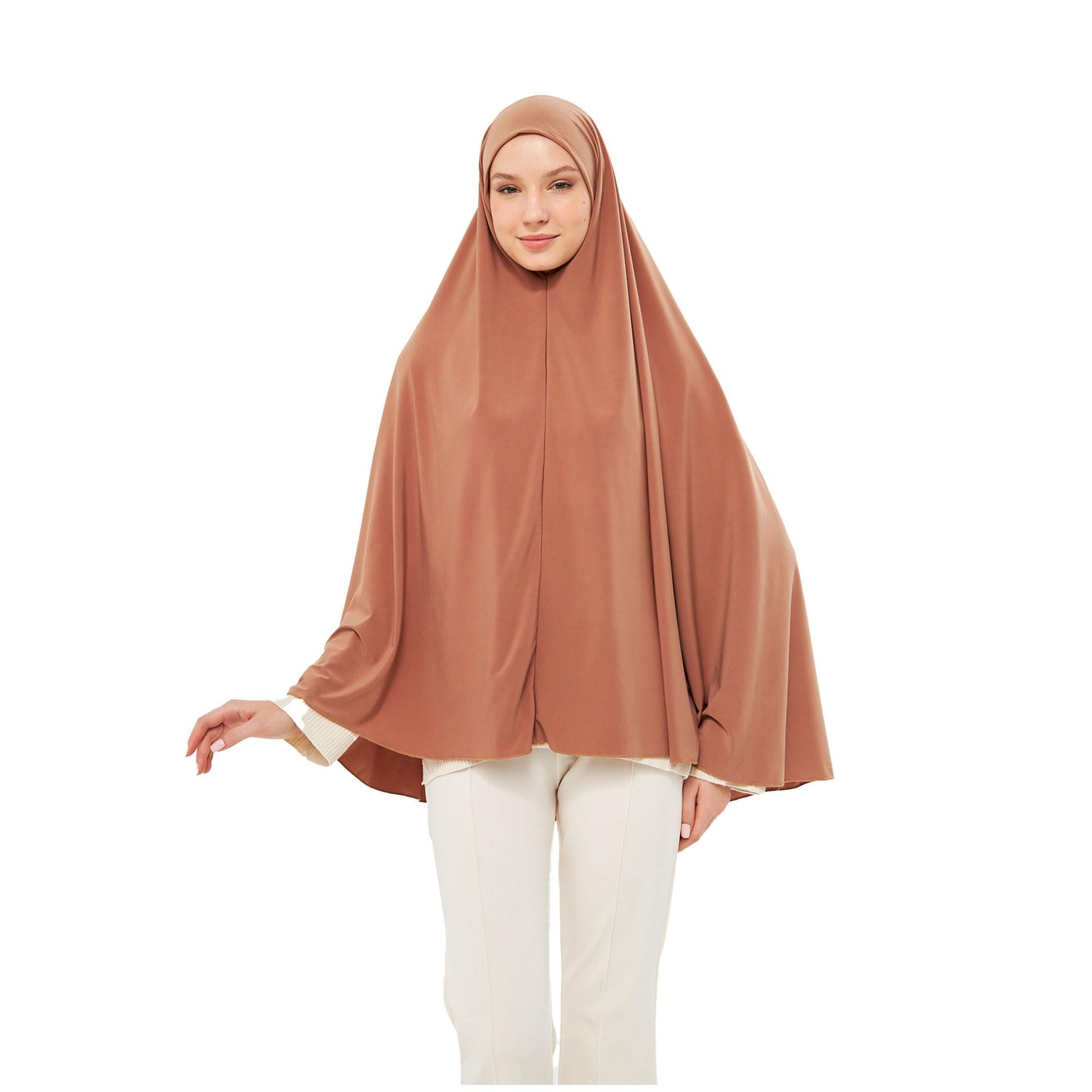 Muslim High Stretch Hijab Khimar Pure Color Half-body Cover Hijab | Muslim Islamic Ramadan Women Prayer Dress Burqa Soft (Tan)