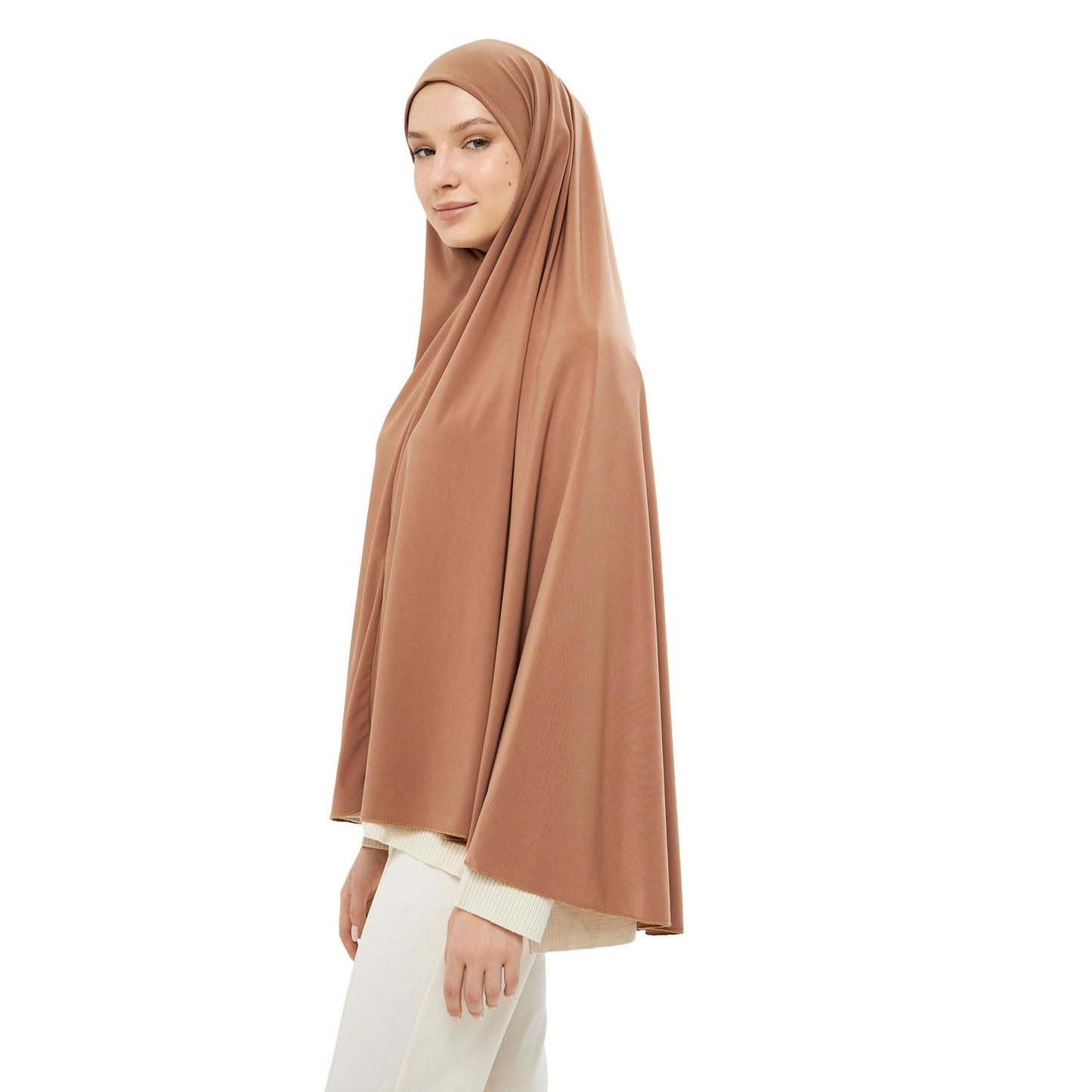 Muslim High Stretch Hijab Khimar Pure Color Half-body Cover Hijab | Muslim Islamic Ramadan Women Prayer Dress Burqa Soft (Tan)