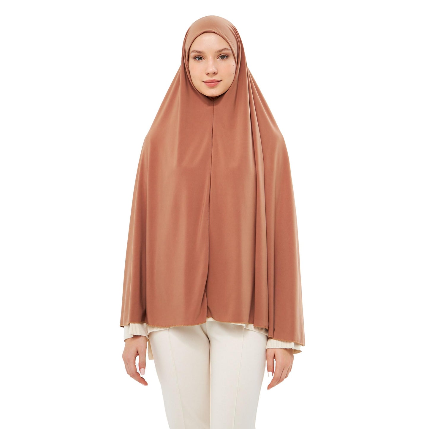 Muslim High Stretch Hijab Khimar Pure Color Half-body Cover Hijab | Muslim Islamic Ramadan Women Prayer Dress Burqa Soft (Tan)