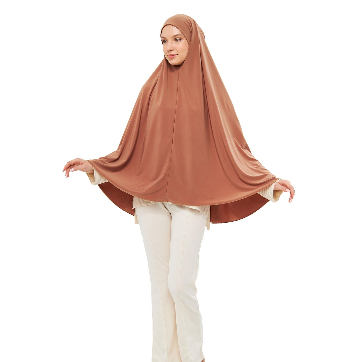 Muslim High Stretch Hijab Khimar Pure Color Half-body Cover Hijab | Muslim Islamic Ramadan Women Prayer Dress Burqa Soft (Tan)