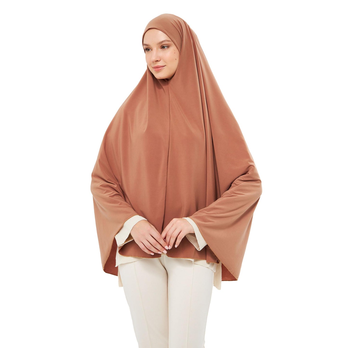 Muslim High Stretch Hijab Khimar Pure Color Half-body Cover Hijab | Muslim Islamic Ramadan Women Prayer Dress Burqa Soft (Tan)