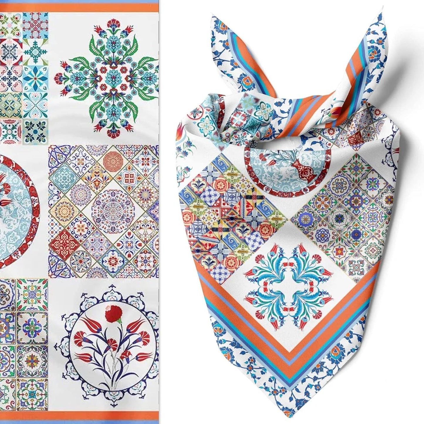 dscarf Womens Neck Scarf 21"x21" Small Square | Headband Scarf Ethnic Bandana Head Scarf Flowering Breathable Lightweight Blue Design 2