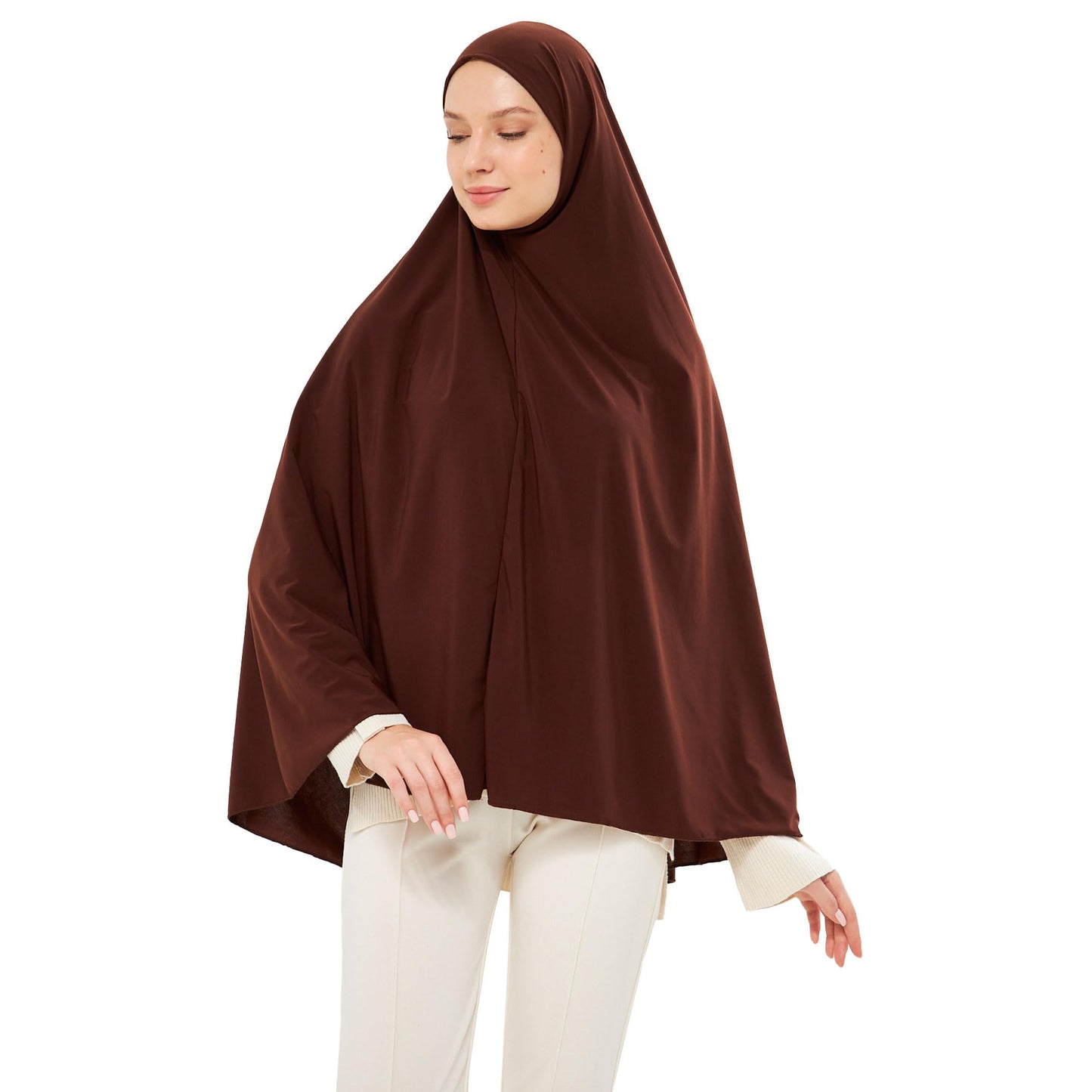 Muslim High Stretch Hijab Khimar Pure Color Half-body Cover Hijab | Muslim Islamic Ramadan Women Prayer Dress Burqa Soft (Brown)