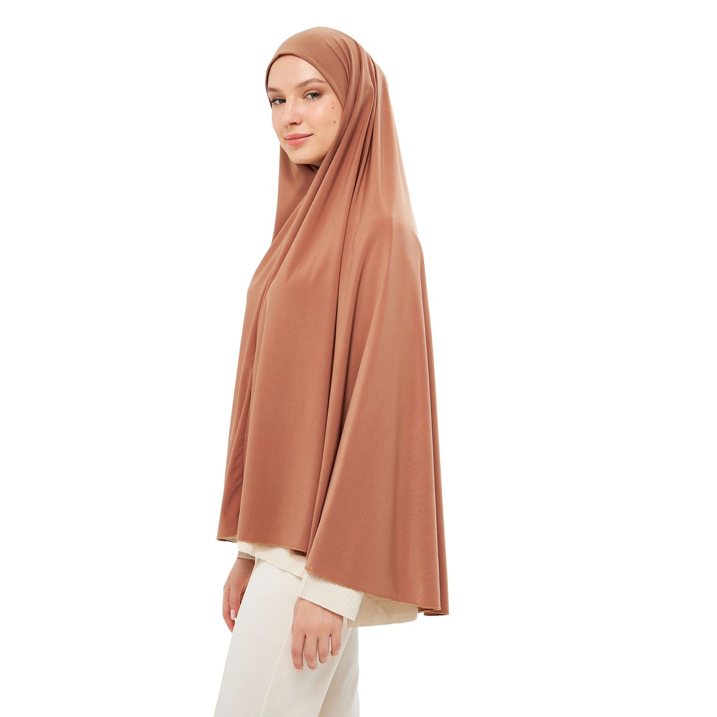 Muslim High Stretch Hijab Khimar Pure Color Half-body Cover Hijab | Muslim Islamic Ramadan Women Prayer Dress Burqa Soft (Tan)