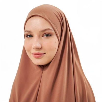 Muslim High Stretch Hijab Khimar Pure Color Half-body Cover Hijab | Muslim Islamic Ramadan Women Prayer Dress Burqa Soft (Tan)