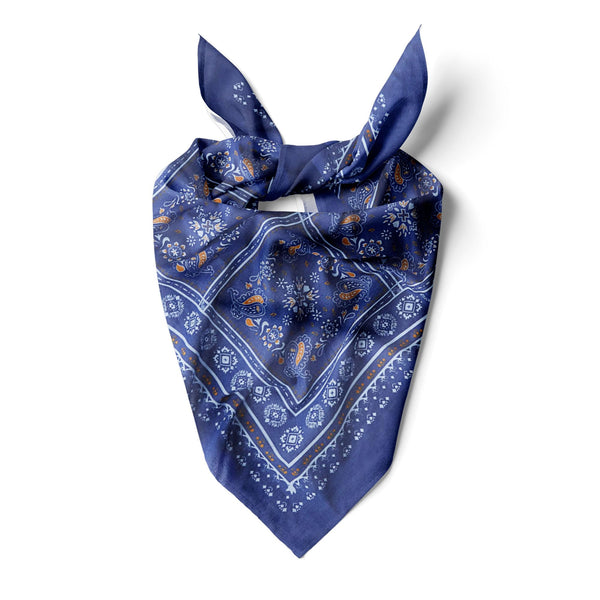 Womens Neck Scarf 23"x23" Small Square Organic Cotton | Headband Scarf Bandana Wrap Head Scarf Breathable Lightweight Blue Design 1