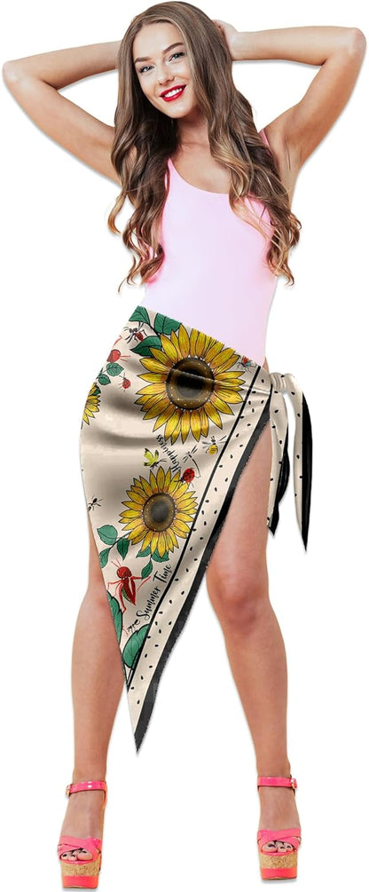 dscarf Women Sarong Swimsuit Printed Cover up Chiffon Long Bikini Wraps | Pareo Swimwear Beach Bathing Suit Cover Up Flowering Design 1