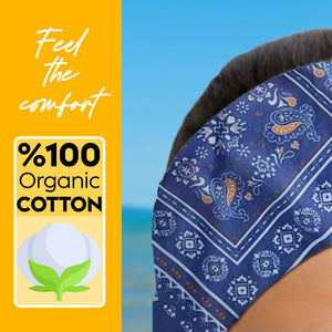 Womens Neck Scarf 23"x23" Small Square Organic Cotton | Headband Scarf Bandana Wrap Head Scarf Breathable Lightweight Blue Design 1