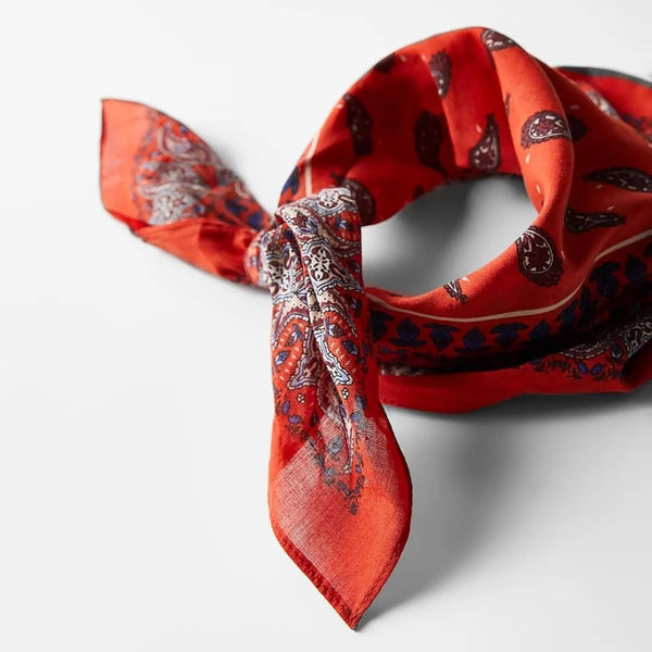 Womens Neck Scarf 23"x23" Small Square Organic Cotton | Headband Scarf Bandana Wrap Head Scarf Breathable Lightweight Red Design 1