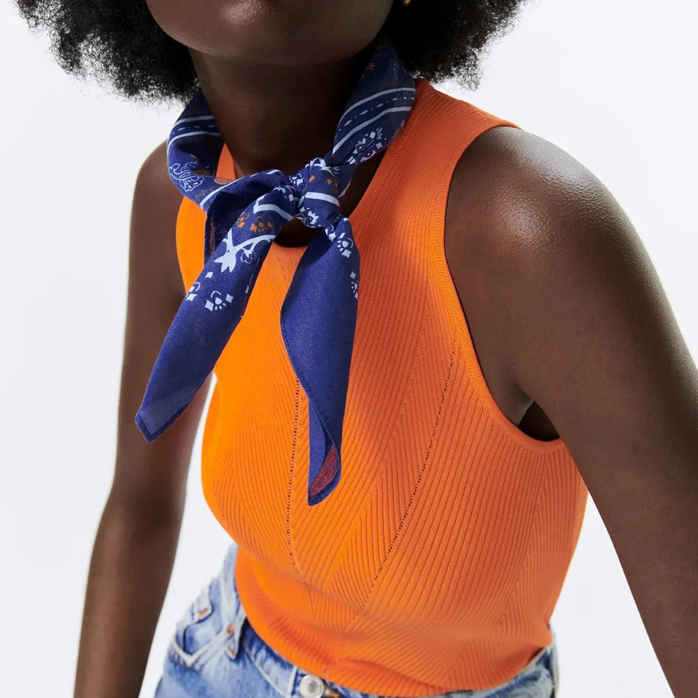 Womens Neck Scarf 23"x23" Small Square Organic Cotton | Headband Scarf Bandana Wrap Head Scarf Breathable Lightweight Blue Design 1