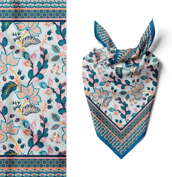 Womens Neck Scarf 23"x23" Small Square Organic Cotton | Headband Scarf Bandana Wrap Head Scarf Breathable Lightweight Flowering Design 6