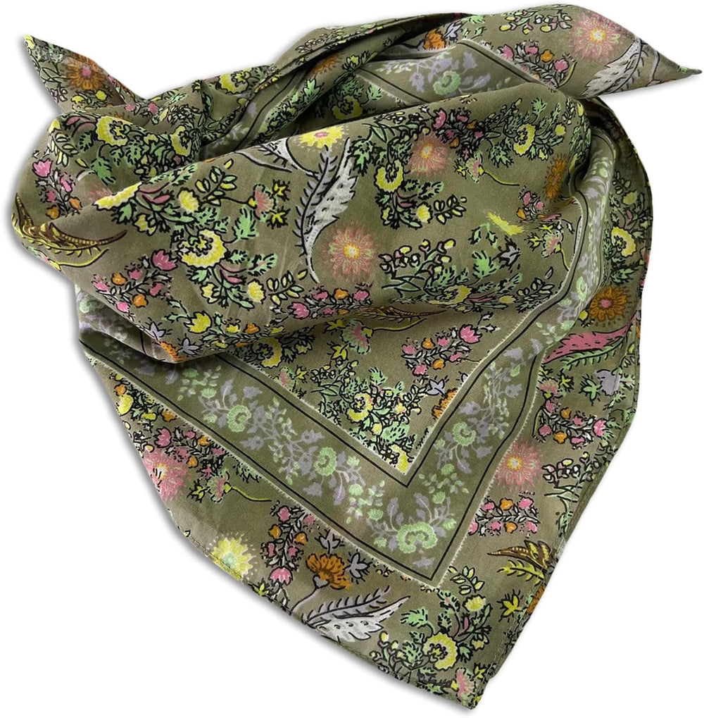 Womens Neck Scarf 23"x23" Small Square Organic Cotton | Headband Scarf Bandana Wrap Head Scarf Breathable Lightweight Flowering Design 1
