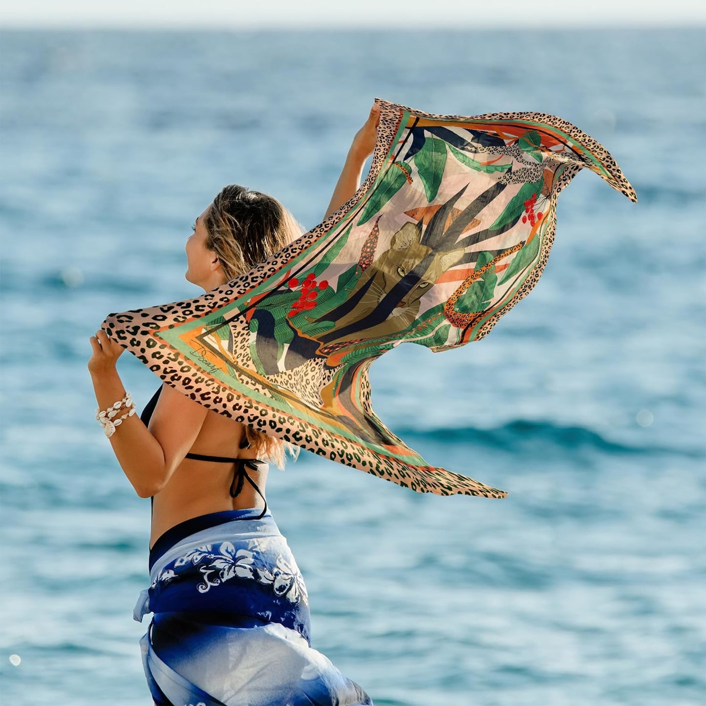 dscarf Women Sarong Swimsuit Printed Cover up Chiffon Long Bikini Wraps | Pareo Swimwear Beach Bathing Suit Cover Up Animals Design 1