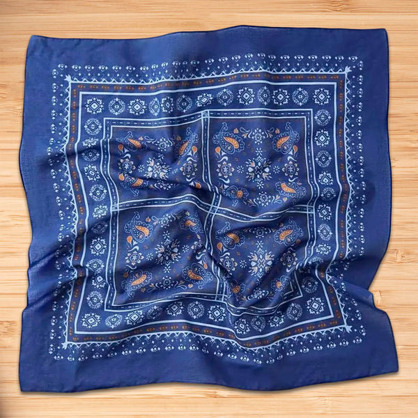 Womens Neck Scarf 23"x23" Small Square Organic Cotton | Headband Scarf Bandana Wrap Head Scarf Breathable Lightweight Blue Design 1