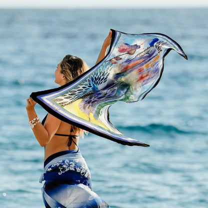 dscarf Women Sarong Swimsuit Printed Cover up Chiffon Long Bikini Wraps | Pareo Swimwear Beach Bathing Suit Cover Up Blue Design 1
