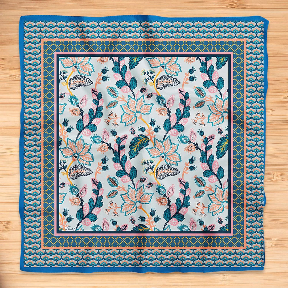 Womens Neck Scarf 23"x23" Small Square Organic Cotton | Headband Scarf Bandana Wrap Head Scarf Breathable Lightweight Flowering Design 6