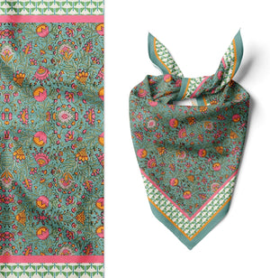 Womens Neck Scarf 23"x23" Small Square Organic Cotton | Headband Scarf Bandana Wrap Head Scarf Breathable Lightweight Flowering Design 8
