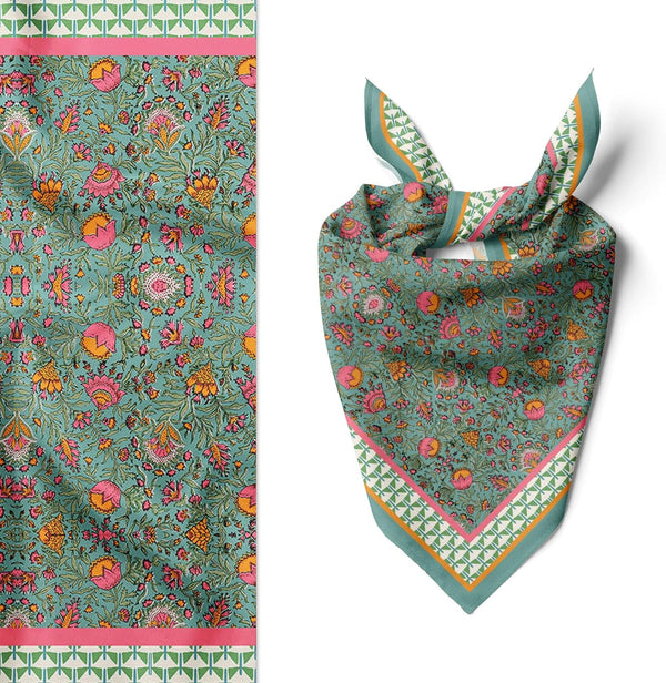 Womens Neck Scarf 23"x23" Small Square Organic Cotton | Headband Scarf Bandana Wrap Head Scarf Breathable Lightweight Flowering Design 8
